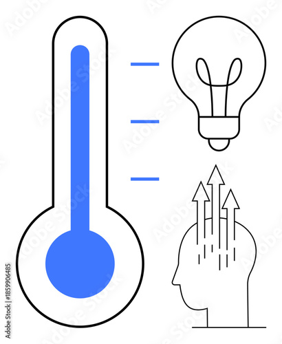 Creativity concept. Creativity by a thermometer, light bulb, and human mind with arrows. Creativity linked to innovation, problem-solving, and mental growth. For education, innovation brainstorming