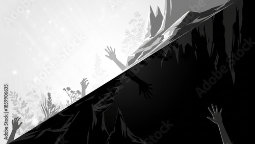 Black and white illustration of hands reaching up from dark side to light side with plants