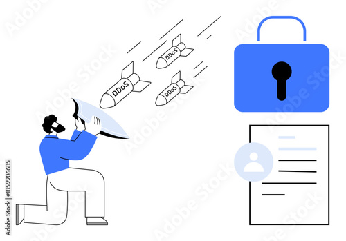 Cybersecurity, online protection, DDoS mitigation, data privacy, identity verification, secure communication. A person with a shield deflecting cyberattacks, a lock and user data. Cybersecurity