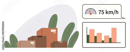 Stacked cardboard boxes, speedometer displaying 75 kmh, bar graph, analytics. Ideal for logistics, transport, tracking, efficiency performance delivery and statistics. Minimalist flat metaphor
