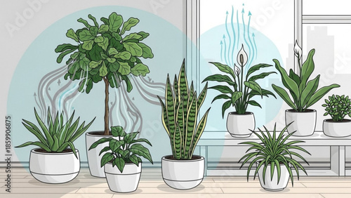 Eight potted plants on a windowsill, including snake plants, spider plants, and a fiddle leaf fig tree