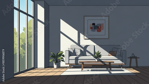 Modern living room interior with sunlight shining through large windows on couch and plants