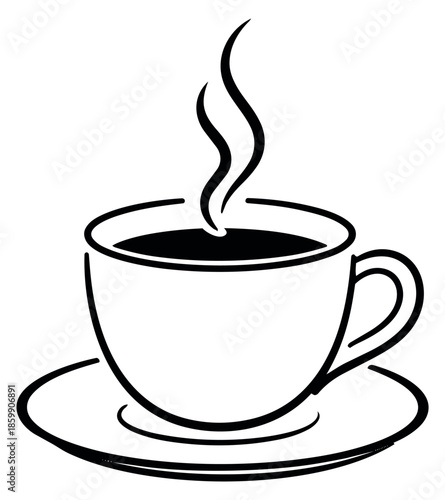 Hand drawn line art illustration of a coffee cup on a saucer depicting steam rising for cafe menus or beverage icons