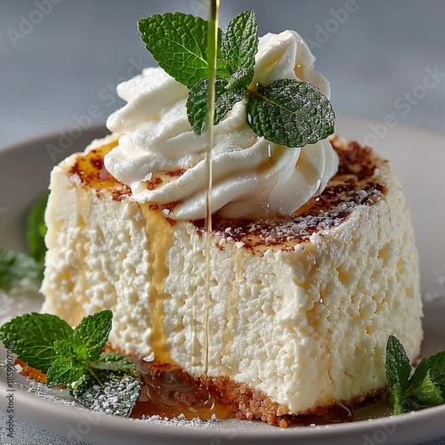 Indulgent Cheesecake Delight: A close-up shot of a single slice of luxurious cheesecake, drizzled with golden syrup, topped with fluffy whipped cream and fresh mint leaves.