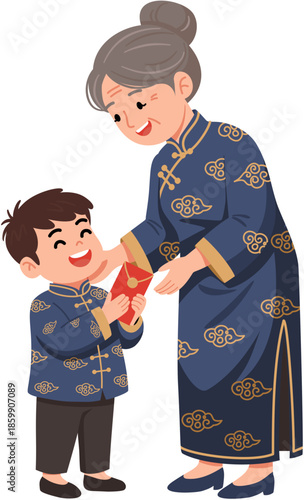 Grandmother Giving Red Envelope to Grandson 
