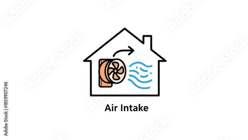 Air intake system for house ventilation with fan and airflow