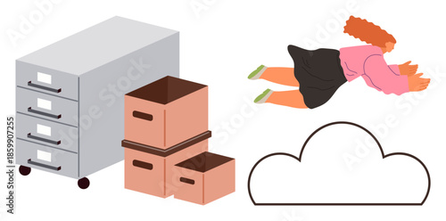 Woman in dynamic pose above file cabinet, cardboard boxes, and outlined cloud emphasizing transition from physical to cloud storage. Ideal for teamwork, productivity, innovation, organization
