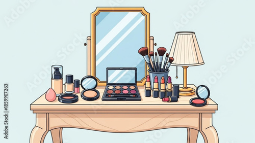 Makeup products and cosmetics arranged on a vanity table with mirror and lamp