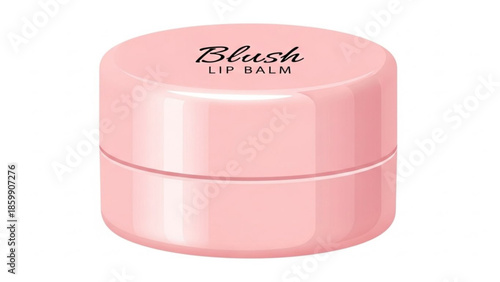 Pink lip balm container with blush label on white background, cosmetic packaging, beauty product