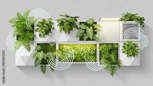 Collection of various green plants in white pots on a wall mounted shelf against a gray background