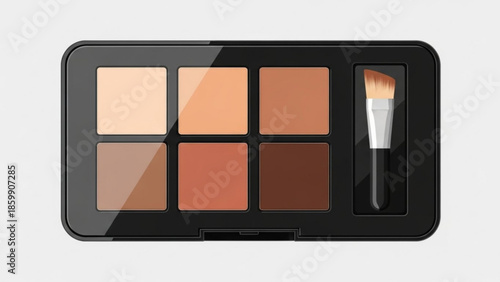 Contouring makeup palette with six shades of brown and beige tones, and a double ended brush