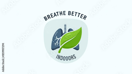 Indoor air quality illustration with lungs and green leaf symbolizing healthy breathing environment