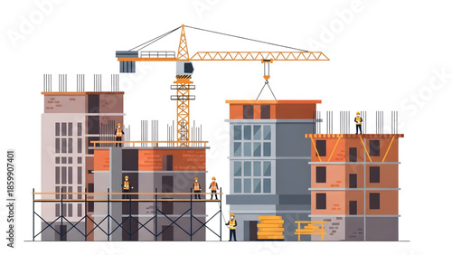 Building Construction Site Vector Scene With workers and crane