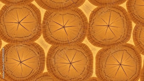 Seamless pattern of wood log cross-sections with visible growth rings and modified softwares, rendered in warm golden-brown tones.