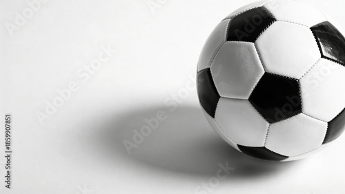 A classic black and white soccer ball resting on a plain surface with a soft shadow.
