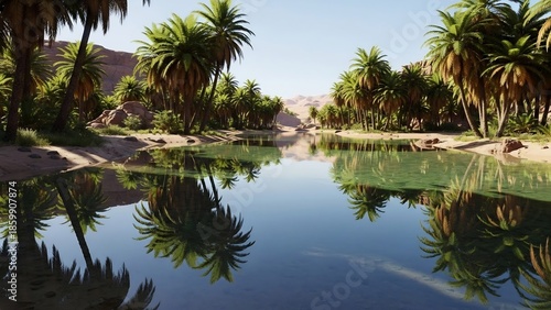 Serene desert oasis with lush green palm trees reflected in calm, clear blue water under a bright sunny sky.