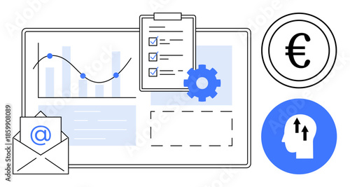 Business workflow. Business workflow concept with analytics, documents, and communication symbols. Business workflow for financial planning, communication, and process optimization. For startups