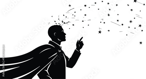 Silhouette of a man in a cape conjuring magical stars with his finger