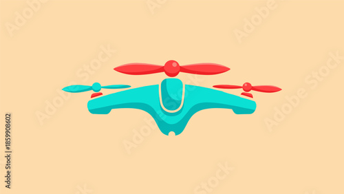 Turquoise Drone with Red Propellers on a Beige Background.