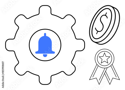 Alerts, financial rewards, recognition, notifications, achievements, productivity systems. A gear with a bell icon, dollar coin and award ribbon. Alerts and financial rewards conceptual