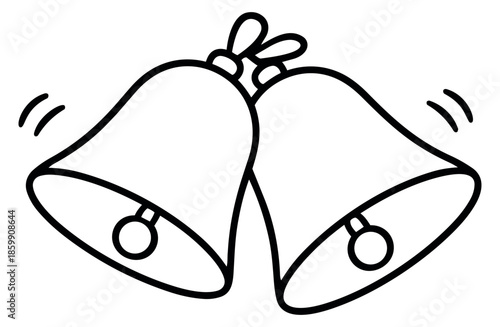 Hand drawn line art illustration of two bells depicting ringing and tied with a bow for holiday celebrations