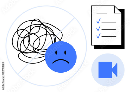 Mental health, productivity, task planning, emotional support, organization, online communication. A blue sad face, checklist crossed-out scribbles and video camera icon. Mental health