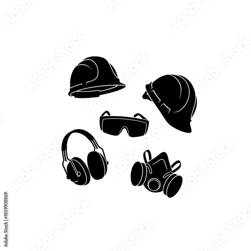 safety gear protective equipment hard hat safety goggles headphones gas mask.