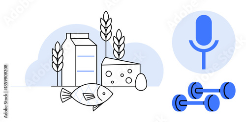 Nutrition, fitness, health coaching, wellness, podcast, food education. Elements include fish, cheese milk dumbbells microphone and grains. Nutrition and fitness by food and exercise equipment