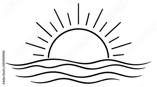 Hand drawn line art illustration of sun and waves depicting a sunrise or sunset for summer travel designs