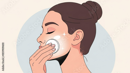 Woman applying skincare product to her face with a cotton pad, serene facial expression, beauty routine