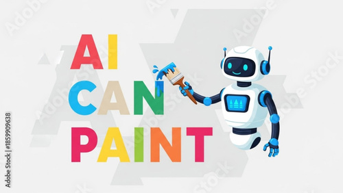 Robot painter illustration with ai can paint text in colorful letters on white background