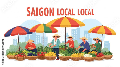 Vibrant local market scene with farmers selling fresh produce under colorful umbrellas in a bustling city