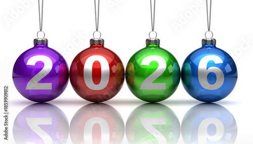 Colorful Christmas ornaments displaying the year 2026 hanging on strings