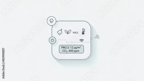 Air quality monitor device showing pollution levels and environmental data on a clean white background