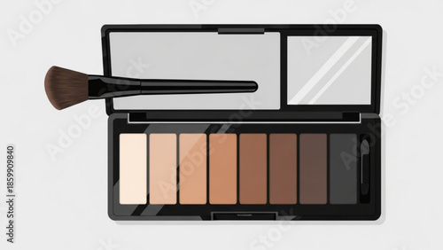 Makeup contouring palette with shades and brush on white background