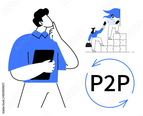 Teamwork, cooperation, brainstorming, leadership, peer-to-peer network, motivation. A figure holding a tablet in thought alongside a group achieving goals. Teamwork and cooperation illustration