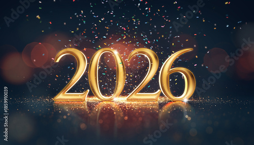 Golden 2026 numbers with colorful confetti on dark background
