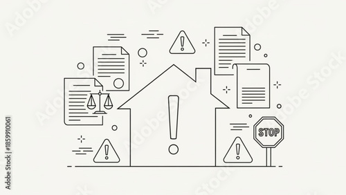 House with warning signs and documents, caution and alert symbols surrounding home