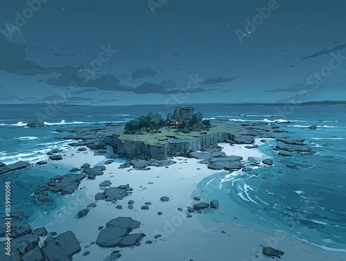 A small self-contained island captured from the air moments before a storm reshapes the sea around it