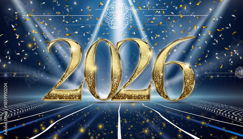 Golden 2026 New Year celebration with confetti and spotlights