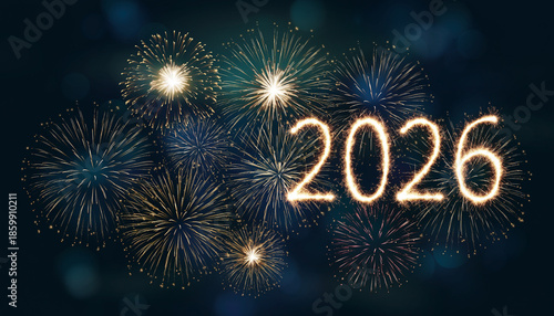 Vibrant fireworks celebrating the year 2026 with sparkling lights
