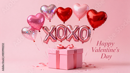 Valentine's Day celebration with heart-shaped balloons, XOXO letter balloons, and a gift box on a pink background