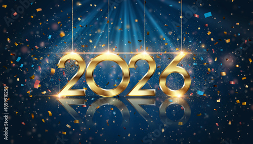 Shining gold 2026 numbers with confetti on dark blue background