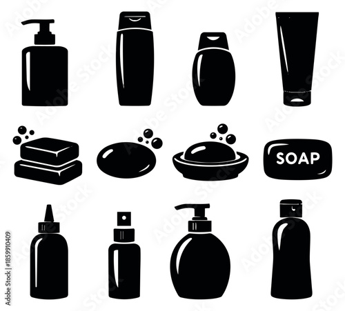 Silhouette personal care products set featuring pump bottles, shampoo, and soap bars for daily hygiene