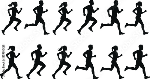 Running silhouette collection of men and women, jogging and fitness activity poses, athlete motion, outdoor exercise, sport training, marathon runner design