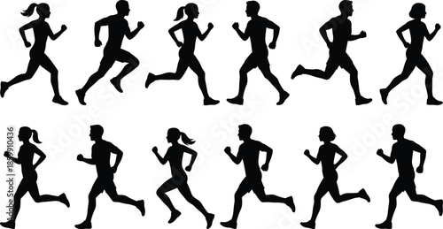 Running silhouette set of men and women, jogging fitness poses, athlete motion collection, marathon training, outdoor exercise, sport activity, healthy lifestyle design