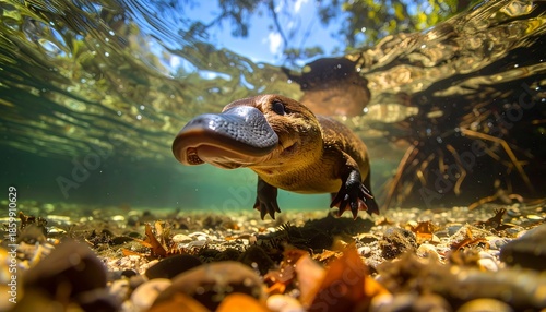 Platypus Foraging Underwater in Shallow Creek