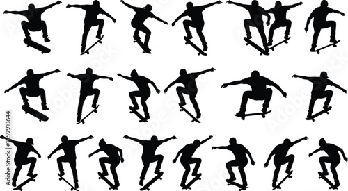 Skateboarder jump silhouette collection, extreme skateboarding trick poses, dynamic urban street sport action, youth athlete movement, balance, performance, stunt sequence design
