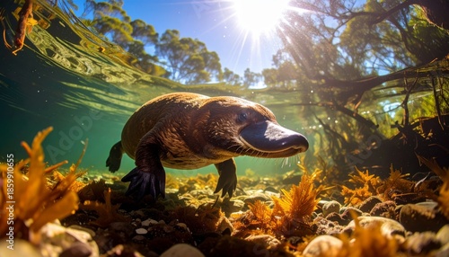 Platypus Foraging Underwater in Sunlit Creek