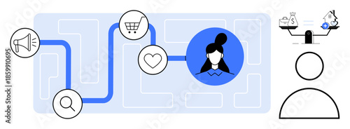 Customer journey concept. A pathway highlights marketing, user engagement, and purchasing decisions. Customer journey insights for consumer behavior, e-commerce, marketing strategies